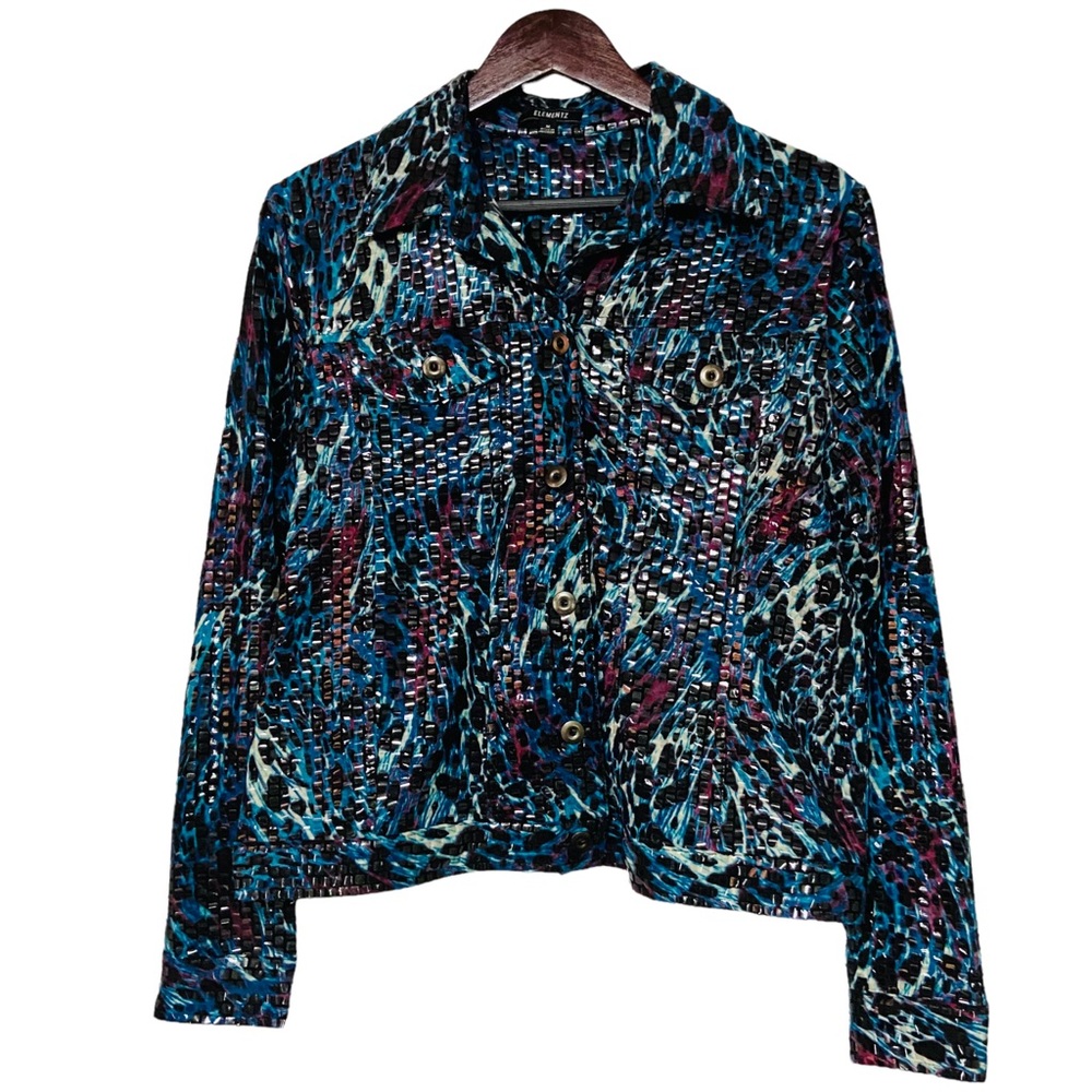 Elementz Sequins Women Jacket Sparkly Button Up Sequins Animal Print Blue